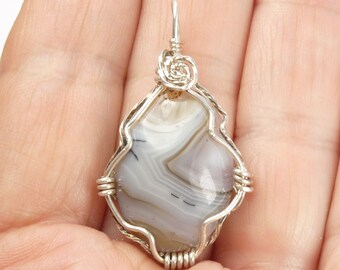 Wire wrapped Pendant, Botswana agate, Sterling Silver necklace jewelry statement piece Botswana handmade pendant