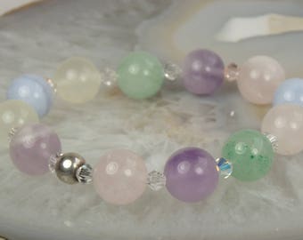 Chalcedony bead stretch bracelet, sterling silver bead multi color Chalcedony beads with crystal spacers handmade jewelry Gifts for women