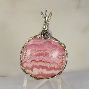 Mixed Metal Rhodochrosite Pendant 14K Gold filled and Sterling Silver Natural Rhodochrosite Necklace Rhodochrosite jewelry statement piece