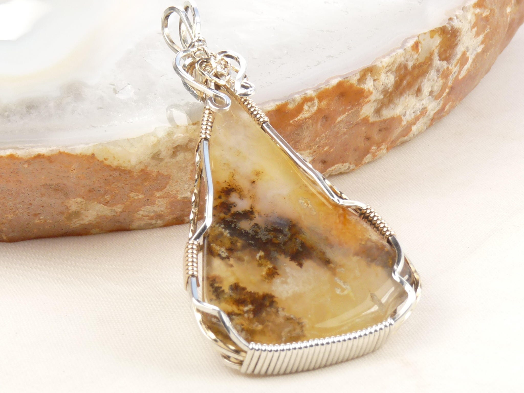 Regency Rose Plume Agate Wire Wrapped Pendant Mixed Metal - Etsy