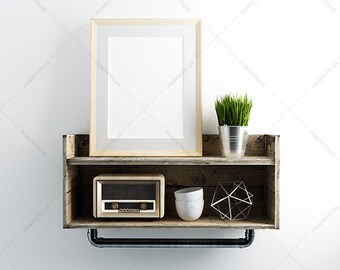 Download Free 8x10 Mockup / Industrial chic Mockup / Industrial floating shelve / poster mockup / Industrial rustic wood Mockup / PSD Template
