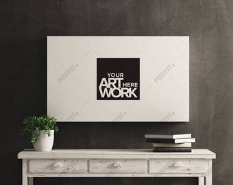Download Canvas Poster Mockup White Wood Distressed Console Table Landscape Canvas Mockup Poster Mockup Free Psd Mockups PSD Mockup Templates