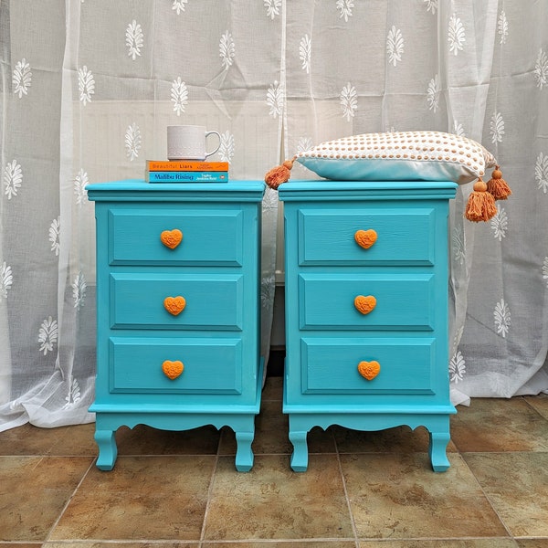 Turquoise and Orange Pair of Bedside Tables Nightstands Bedroom Furniture Drawers