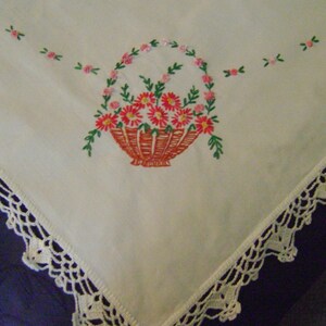 Vintage Hand Embroidered Tablecloth with Crocheted Edging