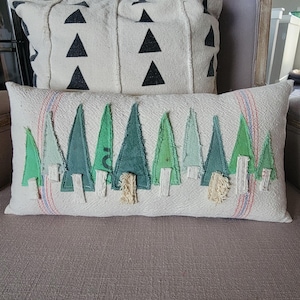Vintage Grain Sack Pillow/ Trees - multi-layered/ 18&quot;x9&quot; Primitive Farmhouse