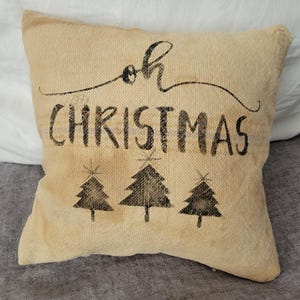 One Sweet Little Grain Sack Pillow w/Fantastic Original Repair/ Oh Christmas Tree Accent Pillow/ 9&quot;x9&quot; Primitive Farmhouse / Christmas