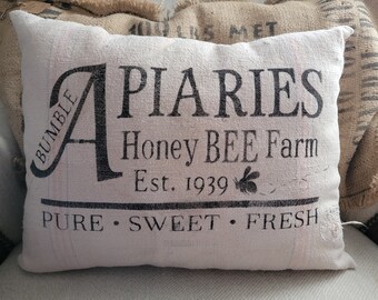 Vintage Grain Sack Stenciled Pillow / Bumble Apiaries Bee Farm / 17"x13" Primitive Farmhouse / Summer Decor