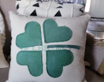 Vintage Clover Sack Pillow w/ Dyed Sack Clover / 13.5"x12" Primitive Farmhouse / St Patricks Day