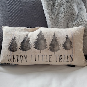 Vintage Grain Sack Stenciled Pillow w/ Original Repairs / Happy Little Trees / 18&quot;x9&quot; Primitive Farmhouse