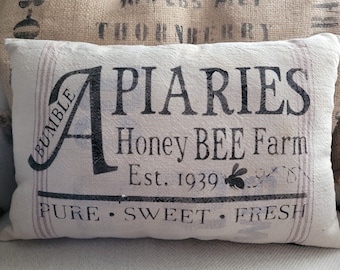 Vintage Grain Sack Stenciled Pillow / Bumble Apiaries Bee Farm / 18"x12" Primitive Farmhouse / Summer Decor