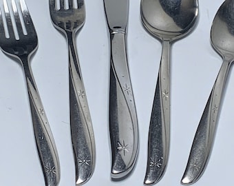Twin Star Oneida Flatware Set Vintage 50s Stainless Steel Service for 4 Atomic Era Retro Stars Hostess Set