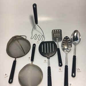 Ekco USA Vintage Kitchen Utensils Black Handle Sieve Nylon Spoon Spatula Slotted Spoon Masher