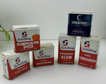Barattoli di spezie vintage Schilling, zucca, cannella, mezzaluna, pimento, allume, 6 pezzi