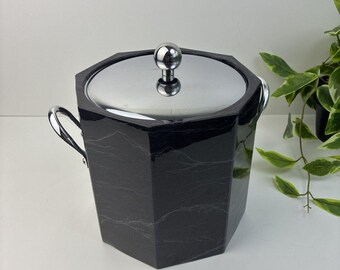 Ice Bucket Vintage 80s Elegance Kraftware Black Marble Silver Lid Handle USA