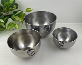 Set di 3 ciotole per mescolare in acciaio inox Revere Ware vintage anni '40 con guarnizione O-ring, resistenti e di alta qualità.