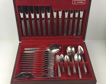 SÄLLSYNT Deluxe Set ONEIDA Cube Capistrano Rostfritt Stål Brun Rosa Bestick Oneidacraft Vintage 70-tals Hostess Party Set i Förvaringsfodral