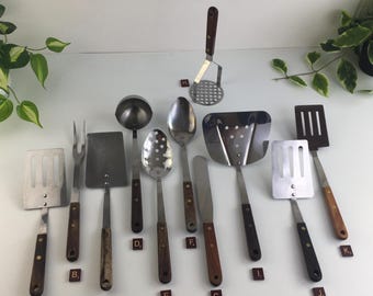 Vintage Wood Handle Kitchen Utensils Spatula Turner Slotted Spoon Ladle- Robinson Knife Co - Oneida Custom USA -Stainless Steel