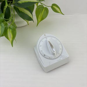 Op de afbeelding: Een witte Lux Minute Minder keukentimer met een ronde wijzerplaat voorzien van zwarte cijfers van nul tot zestig minuten. Het apparaat heeft een centrale draaiknop en een puntige indicator aan de bovenzijde in een kunststof behuizing.
