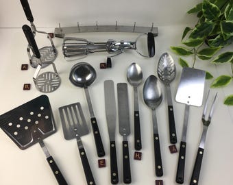 Utensilios de cocina vintage Ekco Forge Vanadium, espátula, cuchara ranurada, cucharón, cuchara para untar de acero inoxidable