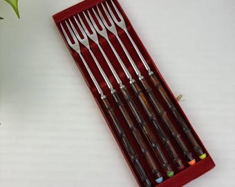 Forchette da fonduta MCM in bambù e acciaio inossidabile, lunghe, Giappone, confezione da 6 pezzi, stile vintage anni '60.