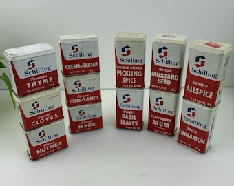 Barattoli di spezie vintage Schilling, spezie per sottaceti, cannella, pimento, allume, 12 pezzi, noce moscata