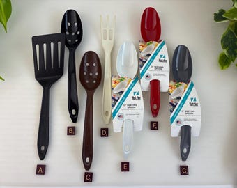 Utensili da cucina Hutzler Rosti in nylon: spatola, forchetta, cucchiaio, mestolo, grigio, rosso, bianco, nero, marrone