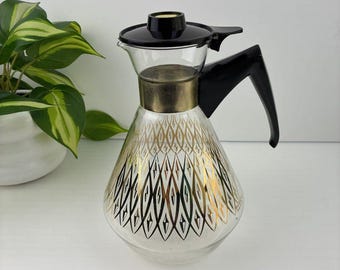 Vintage 60s Pyrex GLASS Coffee Carafe w Lid Gold Atomic Age Diamonds MCM