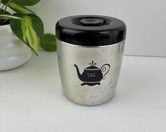 Bote de té de aluminio vintage West Bend, estilo MCM (Mid Century USA), tapa negra.