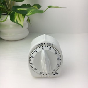 Può includere: Un timer bianco Lux con quadrante e numeri neri. Il timer ha una manopola bianca e le parole "MINUTE MINDER" sono stampate in alto. Una pianta verde in un vaso bianco è sullo sfondo.