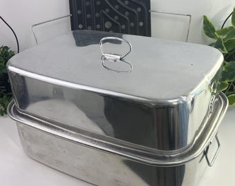 Roasting Pan Turkey Roaster Huge 17&quot; x 12.5&quot; x 8.5&quot; Mirro USA Aluminum Lifter Rack Vintage Wearever 2626