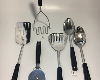 Ekco USA Kitchen Utensils Slotted Spoon Strainer Potato Masher Pizza Cutter Kitchamajig Black Handle Vintage