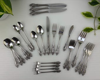 Juego de cubiertos Oneida Raphael Distinction Deluxe HH de acero inoxidable, fabricado en EE. UU., para 4 personas, estilo vintage.