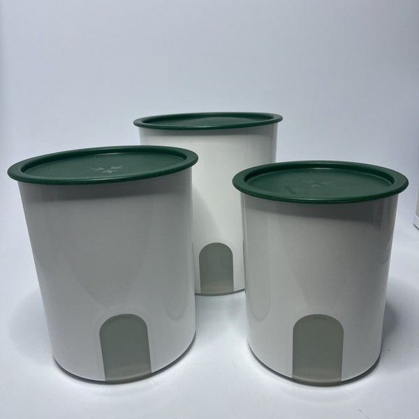 Vintage Tupperware White Window Canister Set 3pc Hunter Green One Touch Lids