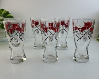 Vintage Beer Glass Libbey Knight Coat of Arms Swords 6 1/2" Pilsner 6pc