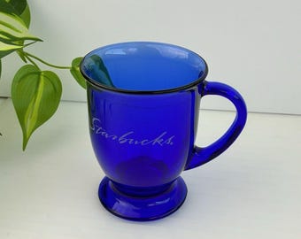 Tazza grande in vetro Starbucks, blu cobalto, trasparente, con piedistallo, 414 ml (14 oz), 12,7 cm (5").
