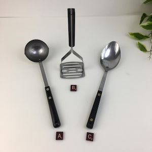 Vintage Kitchen Utensils | Ladle | Potato Masher | Basting Spoon |Stainless Steel USA | Bi-cor | Riveted Black Handle