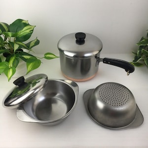 Vtg 40s Revere Ware 3 Qt Sauce Pot Pan w Steamer Double Boiler Refrigerator Dish