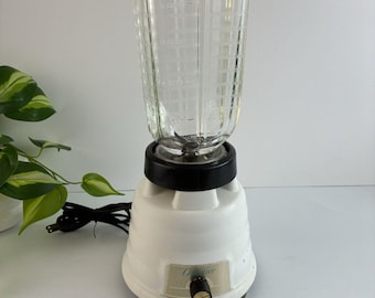 Oster Model 449 Beehive Blender White Glass Pitcher USA Metal Screw Ring Vtg 60s