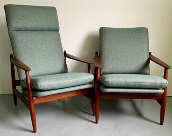 Paar Lounge Chairs von Poul Volther für Frem Røjle, 1960er Jahre Danish Teak 'Easy Chair' 350, Mid-Century Scandinavian Modern Highback Armlehnstuhl