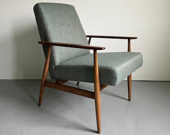 Fauteuil vintage Mid-Century moderne de type 300-190 par le designer polonais H. Lis des années 1960 après rénovation complète en tissu à chevrons bleu