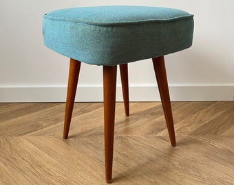 Vintage Polish Stool Type 270-25 from 1960s, Retro Mid Century Reupholstered Footstool in Melange Turquoise Fabric, Footrest with Wood Legs