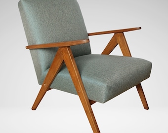 Vintage Mid Century Modern Armchair: Blue Grey Herringbone, Polish Design