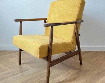 Poltrona Vintage Club Mid-Century Modern: tessuto giallo, struttura in legno di faggio
