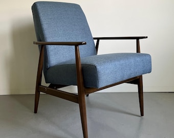 Mid Century Modern Blue Armchair, Vintage Polish Lounge Chair, Restored Wooden Armchair