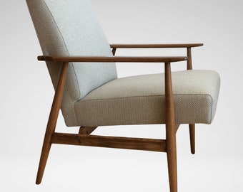 Fauteuil vintage Mid-Century moderne modèle 300-190 par le designer polonais H. Lis des années 1960 en tissu à chevrons beige gris et cadre en bois foncé