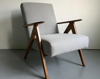 Hand restaurierter Vintage Mid Century Modern Sessel, Grauer Loungesessel, Buchenholzrahmen