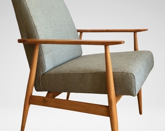 Fauteuil vintage Mid-Century moderne de type 300-190 par le designer polonais H. Lis des années 1960 en tissu gris et cadre en bois clair, restauré sur commande