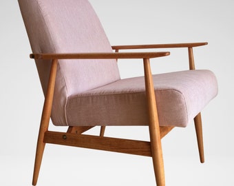 Fauteuil vintage Mid-Century moderne modèle 300-190 par le designer polonais H. Lis des années 1960 en tissu rose poudré et cadre en bois de hêtre clair