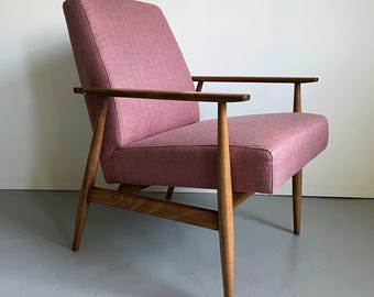 Vintage Polish Armchair, Restored Mid Century Modern Lilac Lounge Chair, Wooden Frame Upholstered