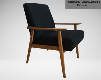 Fauteuil club vintage restauré type 300-201 des années 1970, Pologne, fauteuil retapissé rétro milieu du siècle en tissu noir, demande de commande personnalisée